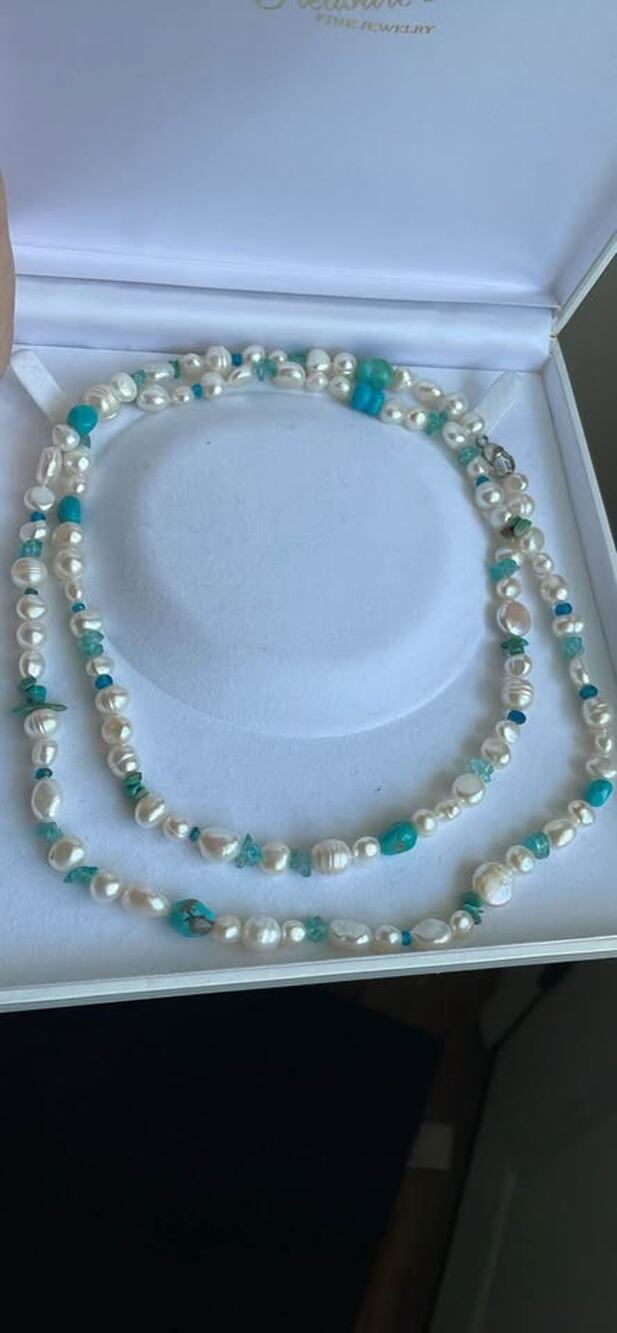 Pearl, turquoise, and aquamarine extra long neck necklace
